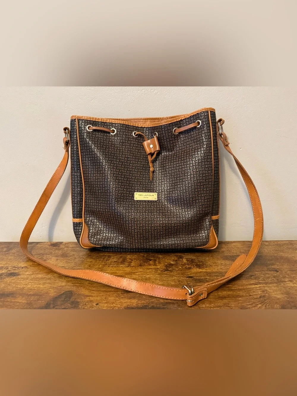 Vintage Ted Lapidus Crossbody Bucket Bag with Tan Trim